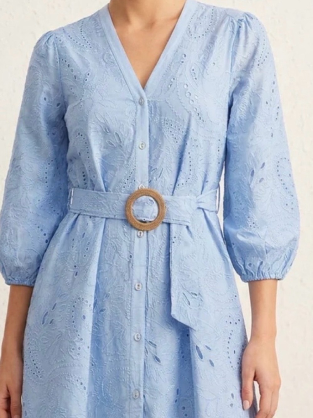 Zara Pale Blue Eyelet Belted V-Neck Midi Dress